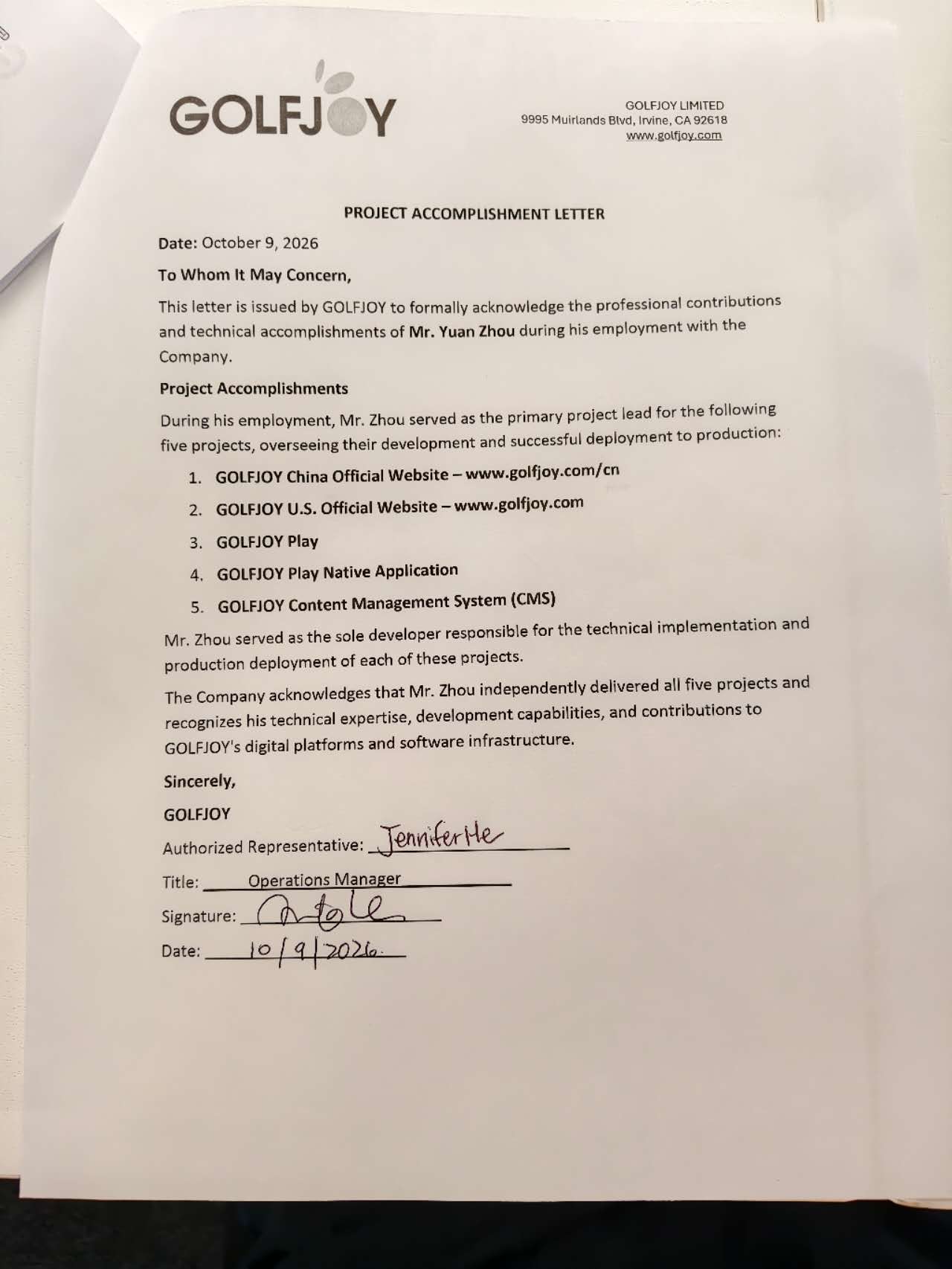 GolfJoy Project Accomplishment Letter dated October 9, 2026, acknowledging Yuan Zhou's project leadership and independent technical delivery